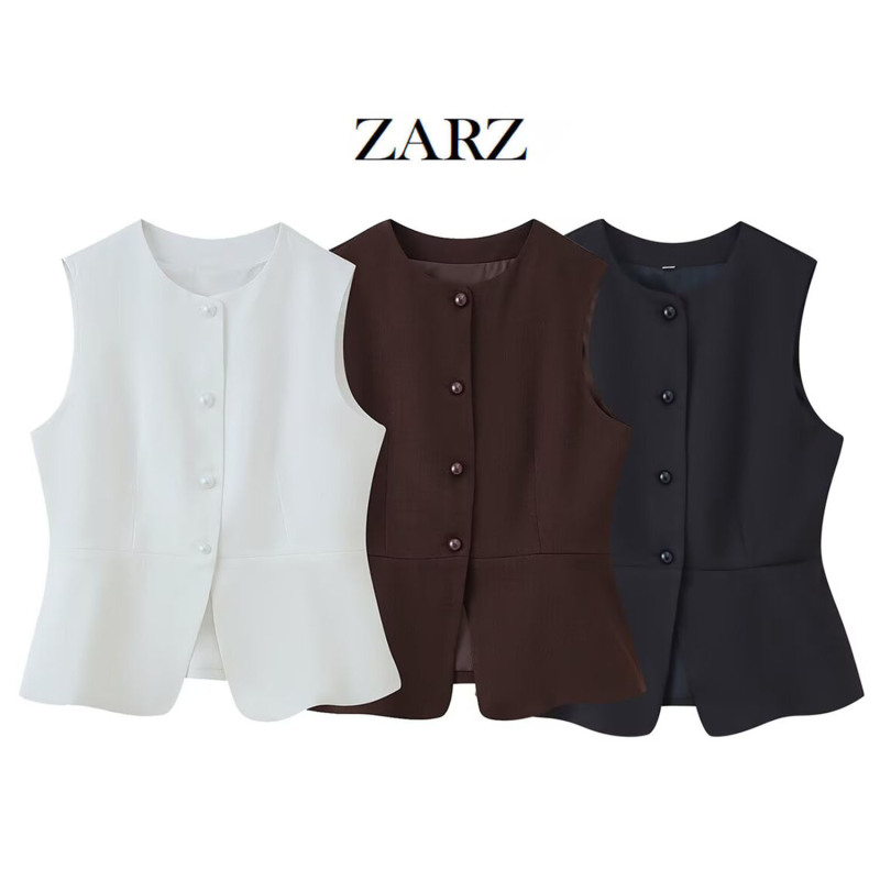 Zarz Homemade European and American Style New Women's Clothing, Fashionable and Versatile Two-Color Round Neck Suit Vest