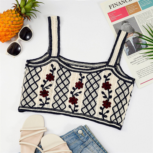 Versatile embroidered camisole hollow knitted women's sleeveless style personalized top short inner vest