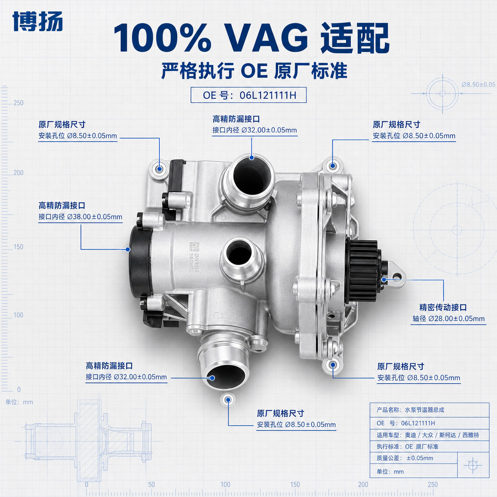 Compatible with Audi A3/A4/A5/A6/Q3 and Volkswagen models; improved version of the 06L121111H electronic water pump, made of aluminum