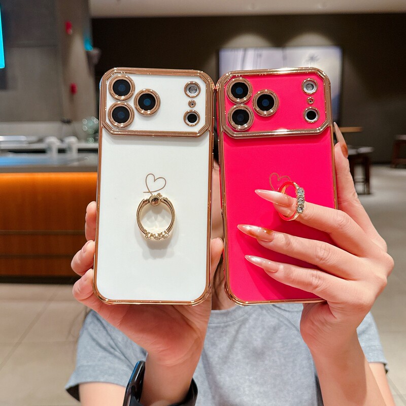 Suitable for Apple 17Promax Electroplated Heart Phone Case 16Pro Flash Diamond Ring Holder 14Pm/15 Lens Film