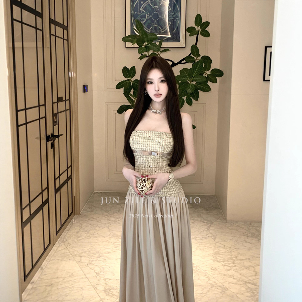 Skirt, Ladylike Style, Tube Top Dress, High-End Date Dress, Satin Sleeveless Long Skirt for Women