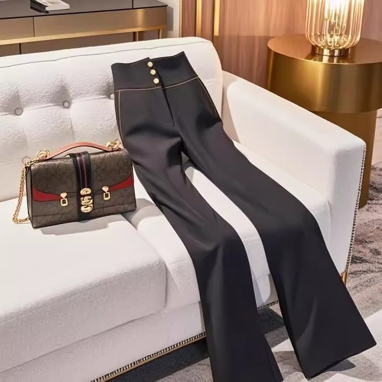 Black Women's Pants Trendy Relaxed High-Waisted Slimming Straight Leg Slightly Flared Design Perfect For Spring 2025_voghion.com