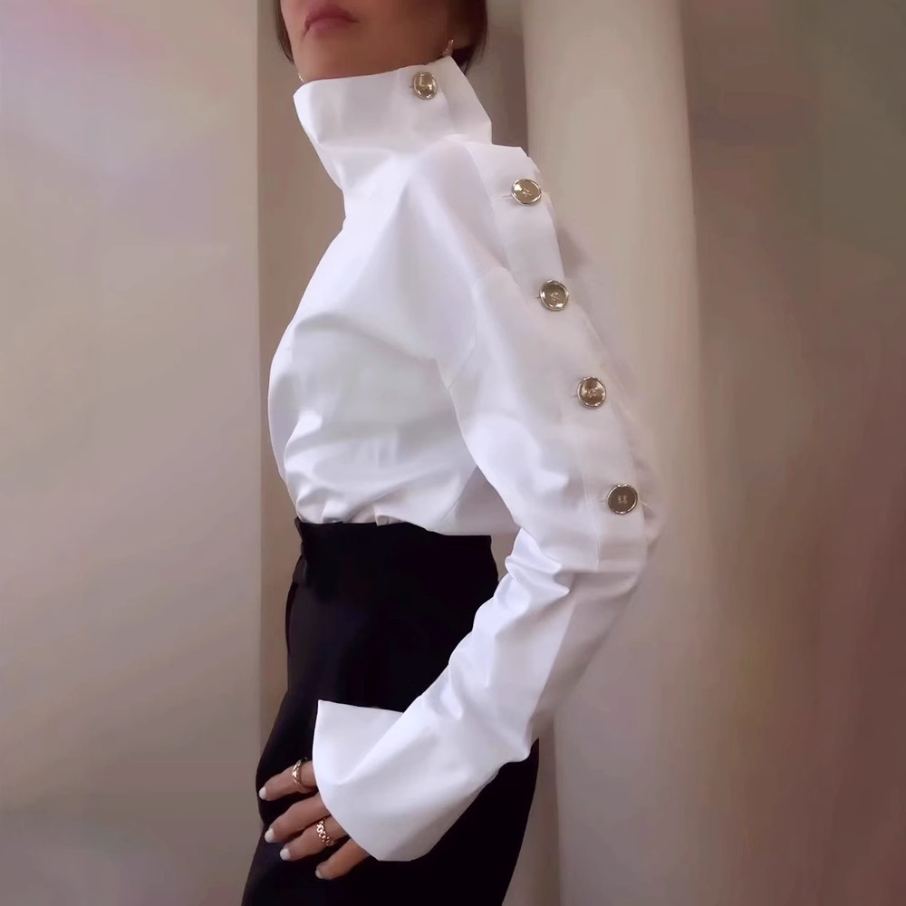 2025亚马逊新款跨境欧美气质名媛高领金属扣可露肩衬衫上衣女装