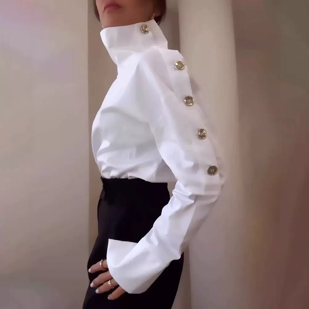 2025亚马逊新款跨境欧美气质名媛高领金属扣可露肩衬衫上衣女装