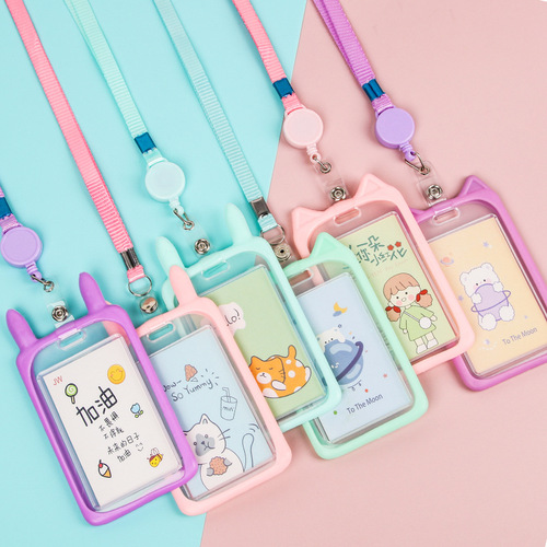 Cute silicone card holder for students, cartoon bus meal card protective cover, high-looking lanyard, transparent campus card wholesale