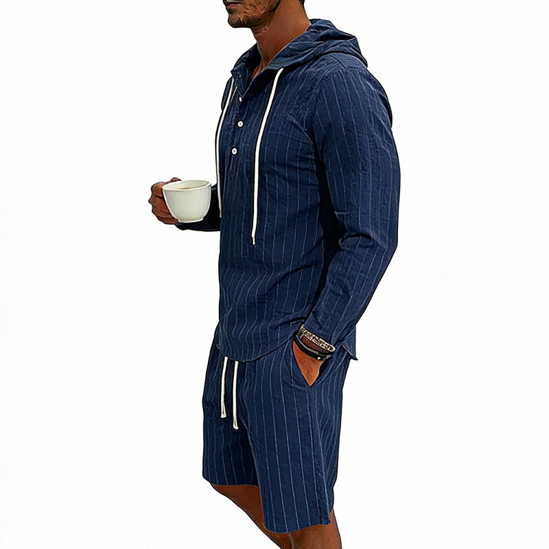 Men's Linen Long Sleeve Hooded Henley Shirt With Shorts Set, Jacquard Vertical Stripe Pattern, Relaxed Fit For Summer Commute And Casual Wear_viptrois.com