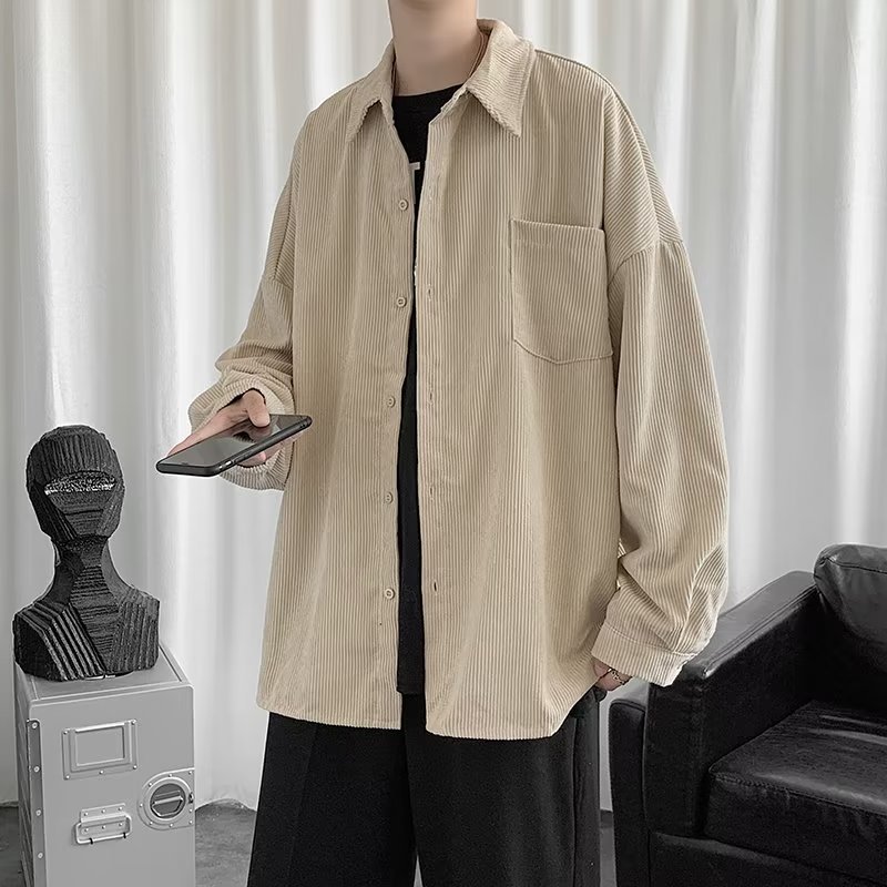 Camisa de pana para hombre 2023 nuevo estilo de Hong Kong moda suelta japonesa retro negro camisa casual chaqueta