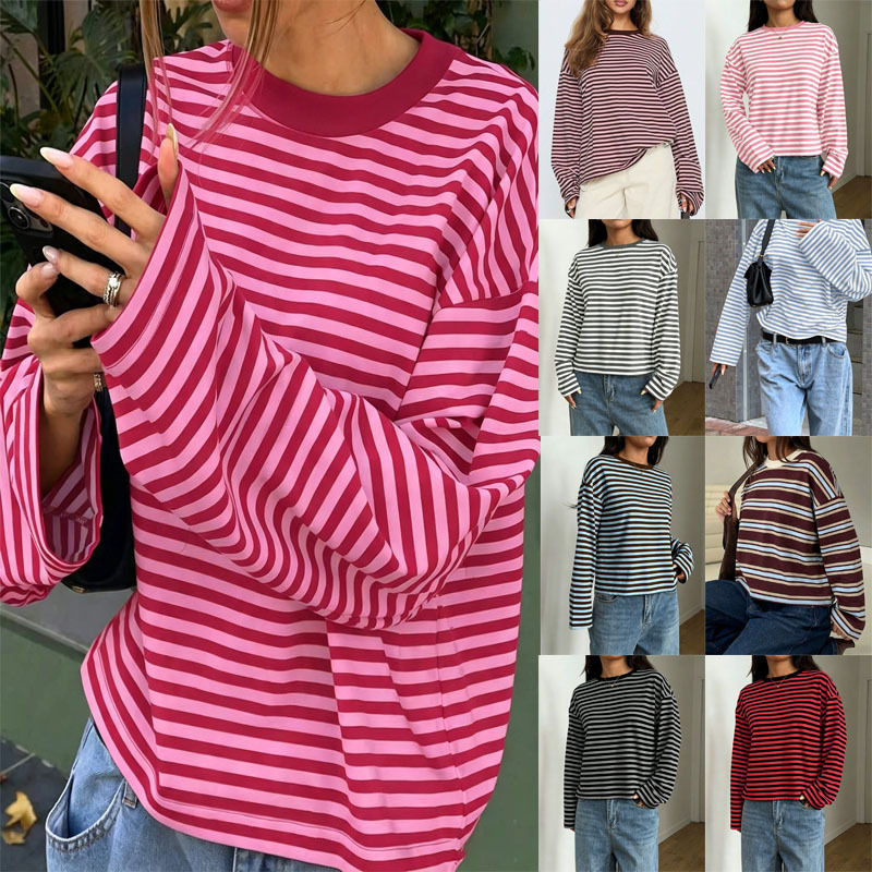 2026 Amazon New Striped Long Sleeve T-Shirt for Women, Loose Fit, Round Neck, Color-Block Base Shirt, Spring and Autumn Casual Top 2026 Amazon New Striped Long Sleeve T-Shirt for Women, Loose Fit, Round Neck, Color-Block Base Shirt, Spring and Autumn Casual Top