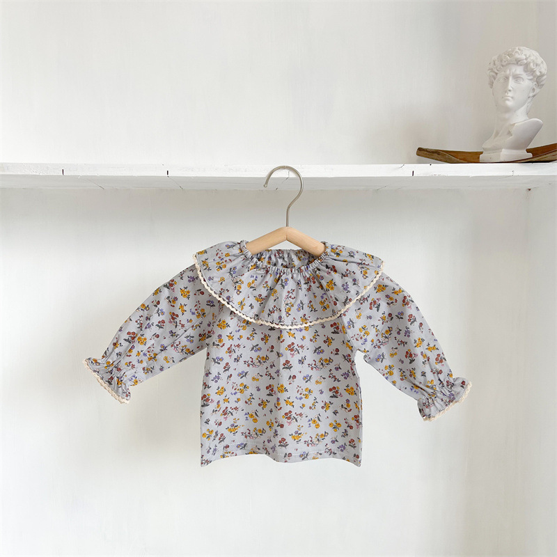 Primavera y otoño bebé niña pequeña camisa de solapa superior floral estilo japonés y coreano simple dulce manga larga Camiseta estilo occidental