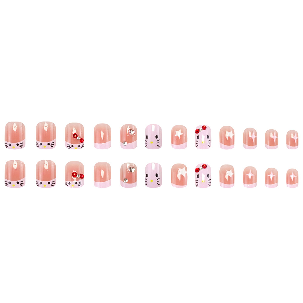 Uñas postizas con diseño de gato rosa nude, estilo francés con decoraciones de diamantes, estilo dulce de dibujos animados, 24 piezas.