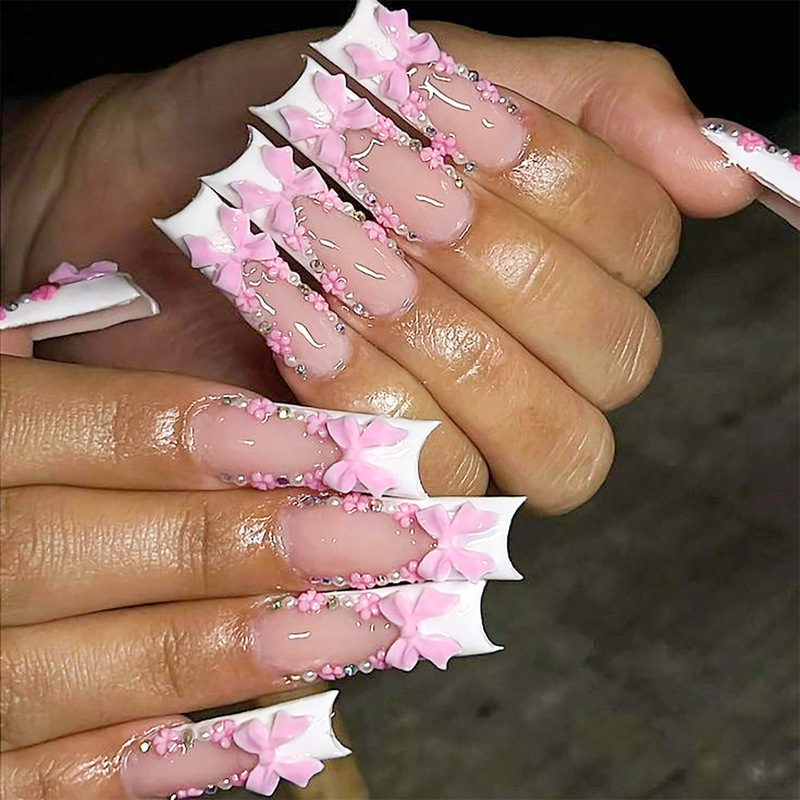 Foreign Trade New Pink Bow French Wear Armor Long Diamond Flower European and American Nail Art in stock Wholesale