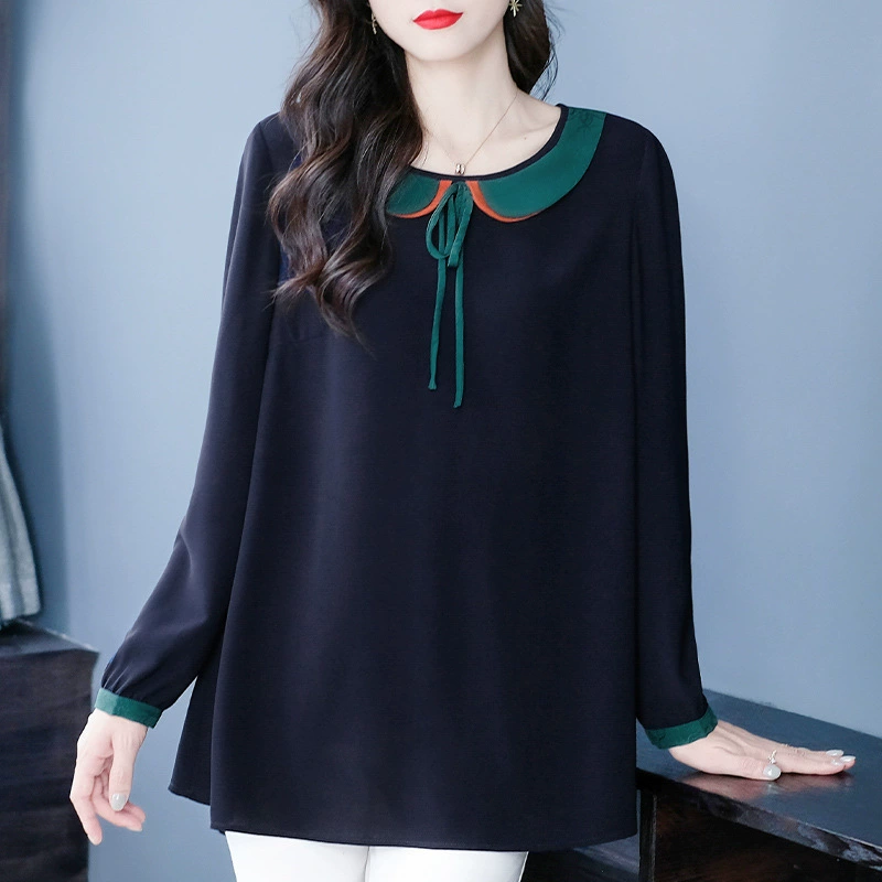 Осенний НОВЫЙ свободный шифоновый топ больших размеров с длинными рукавами и круглым вырезом, уменьшающий возраст, модный шифоновый топ для полных женщин, одежда для мам среднего и пожилого возраста