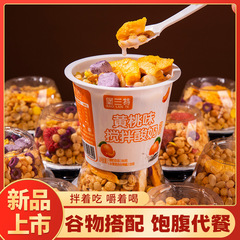 ヨーグルトの穀物のヨーグルトのコップの牛乳をかき混ぜます。