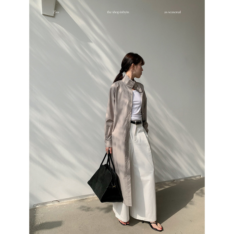 [No Return, No Exchange] Cool Stand-Up Collar Long Windbreaker Jacket for Women in Spring & Fall, Korean Style Lace-Up, Slimming Look and High-End Wear