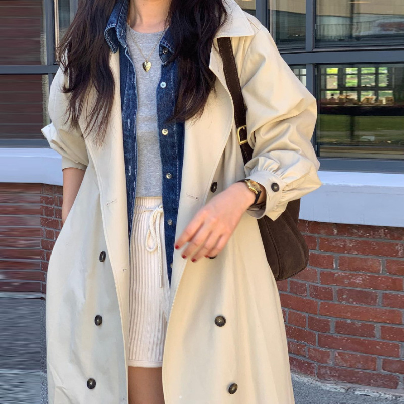 韩版复古慵懒风翻领双排扣系带收腰长袖过膝长款风衣外套女88455|undefined