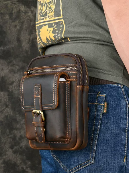 Ancient Trendy European and American Fashionable Crazy Horse Cowhide Men's Shoulder Crossbody Bag Fashionable Mini 6.7 "Mobile Phone Waist Bag