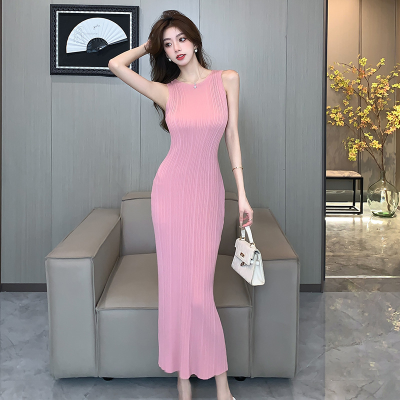 2026 Summer Korean Style Women's Sleeveless Vest Sweater Dress Slim Fit Bodycon Knitted Dress Slimming Long Dress 6807