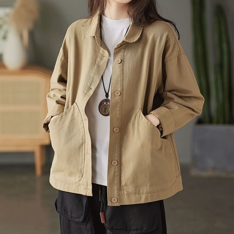 棉质外套女2025新款初秋复古斜纹棉纯色大口袋单排扣宽松休闲上衣|undefined