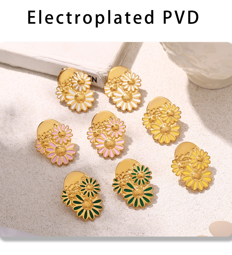 Boucles d'oreilles chrysanthème de style INS européen et américain Boucles d'oreilles goutte à goutte d'huile de marguerite en acier au titane Boucles d'oreilles rétro de tempérament pour femmes_voghion.com
