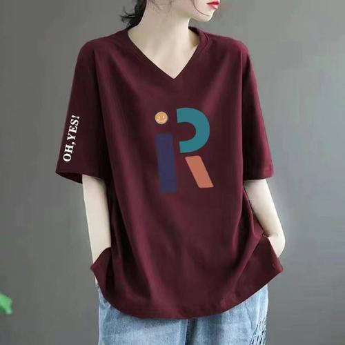 Clearance Short Sleeve Women's T-shirt V-neck Summer Loose Plus Size Mom Slimming Round Neck Printed 100% Cotton Top