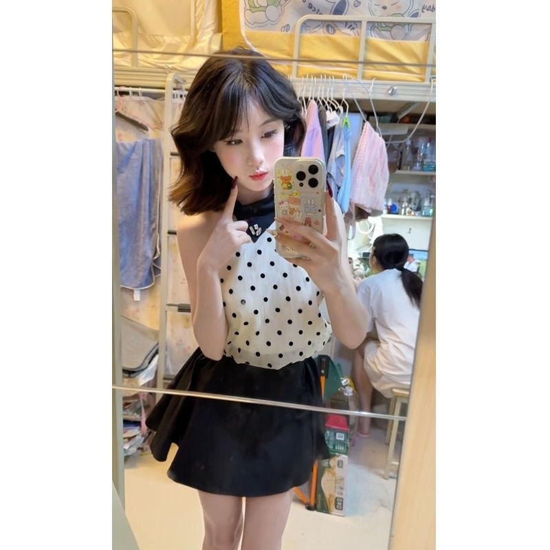 套装女夏季新款甜辣妹气质设计感波点无袖挂脖上衣高腰半身裙