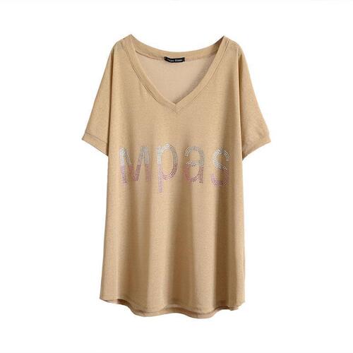 New Summer South Korean Style Fat Sister 2-300 Pounds Plus Size Loose Diamond-embellished V-neck Cover Stomach Short-sleeve T-shirt Top for Women