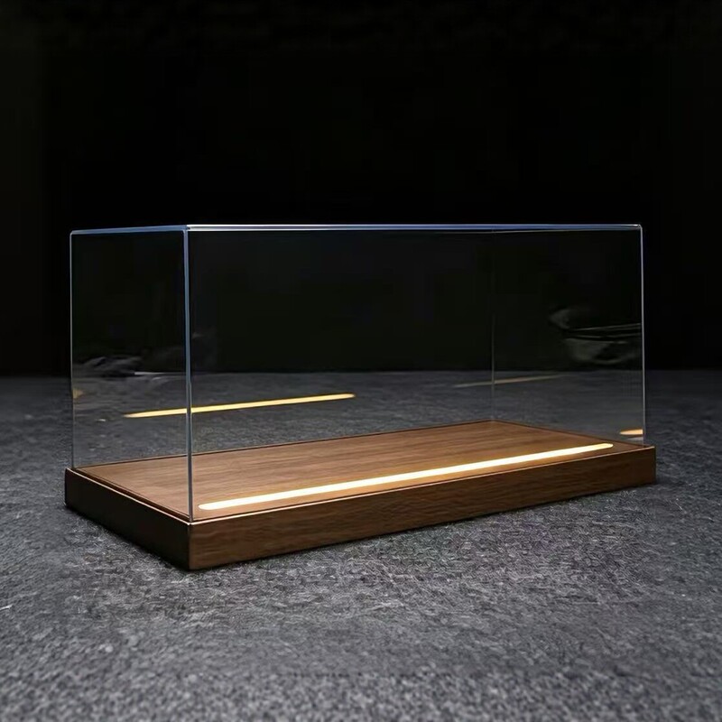 Transparent Acrylic Display Box Dust Cover Car Model Ornament Glass Cover Figure Storage Box Wooden Base with Light