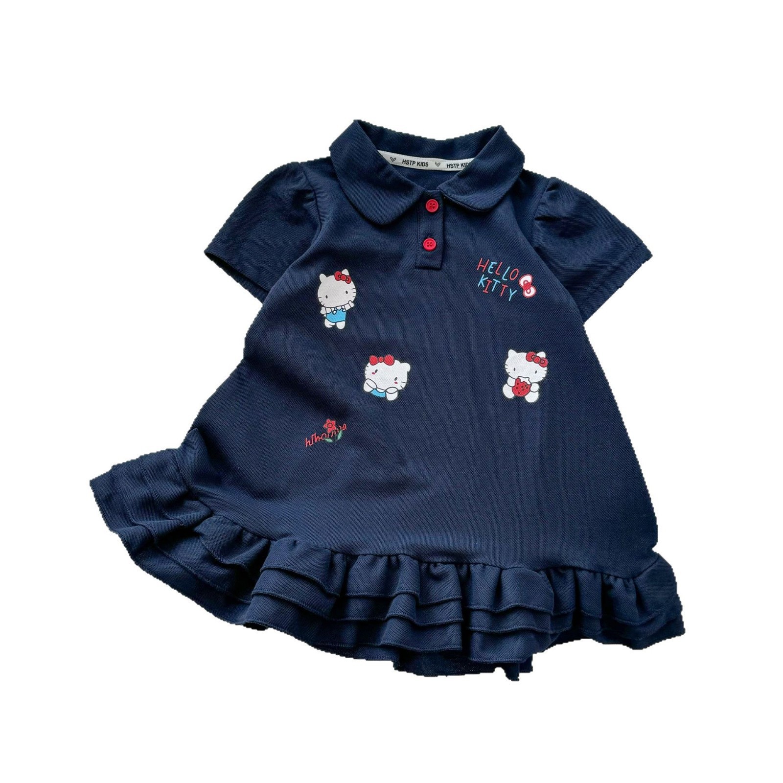 Vestido de verano Sweet Xiaosi para niñas, estilo coreano, moderno, con bordado de gato, para bebés, estilo preppy, con cuello de muñeca y manga corta.