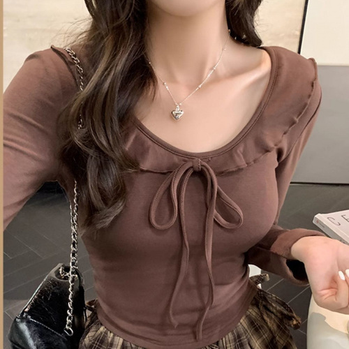 Women's Spring Collarless Blouse with Lotus Leaf Collar, Button Bandeau Long-Sleeve Top, Casual Inner Shirt, Waist-Catching Short-Sleeve Blouse