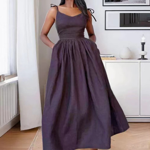 2025 European and American Women's Apparel Backless Elegant Forest Style Sexy V-Neck High-Waisted Fashion Tank Top European and American Dress