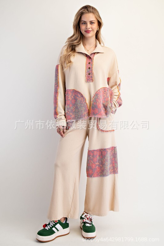 Amazon 25 秋冬新作クロスボーダーヨーロッパとアメリカの服プリントパッチカジュアルラペル長袖ツーピーススーツ女性用|undefined