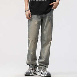 新款现货潮流时尚水洗怀旧色青年男士韩版街潮休闲直筒宽松牛仔裤