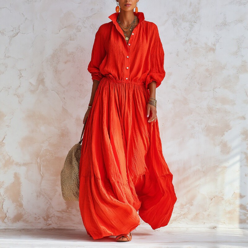 European and American cross-border resort-style long dress for women, loose-fitting shirt-style fashion long dress, slimming and elegant beach dress for women European and American cross-border resort-style long dress for women, loose-fitting shirt-style fashion long dress, slimming and elegant beach dress for women
