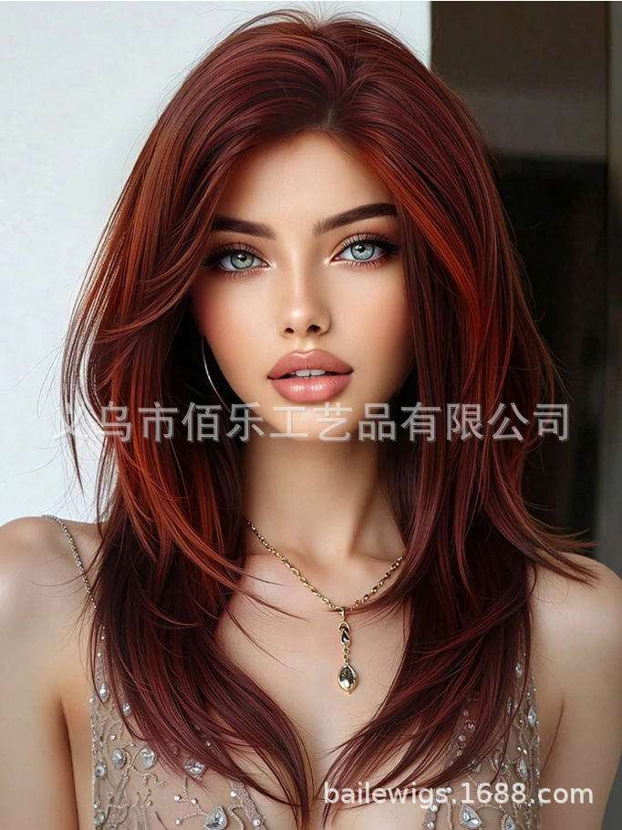 Peluca de color rojo oscuro dividida en longitud media, pelo largo, cubierta de cabeza completa, fibra química para mujer, stock europeo y americano al por mayor
