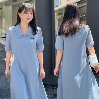 大码女装连衣裙夏季200斤胖mm拉链撞色长裙显瘦遮肚子藏肉3090