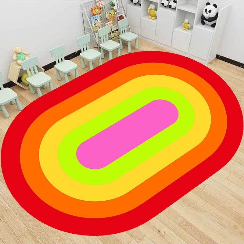 New Oval-Shaped Cartoon Crystal Velvet Carpet, Children's Room Reading Area Foot Mat, Kindergarten Game Mat