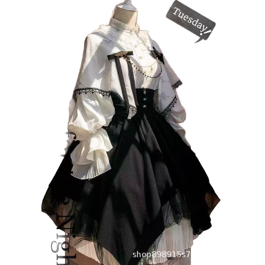 Halloween Gothic Lolita Lantern Sleeve Shirt, Corset Lolita SK Skirt, Evening Prayer Song Nun Cosplay Costume