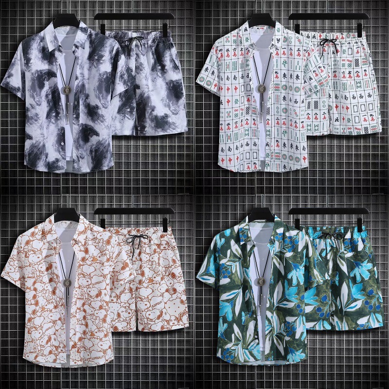 Summer Hong Kong Style Casual Cartoon Shirt Men's Trendy Ins Beach Vacation Shirt Teenagers Lazy Style Shorts Suit