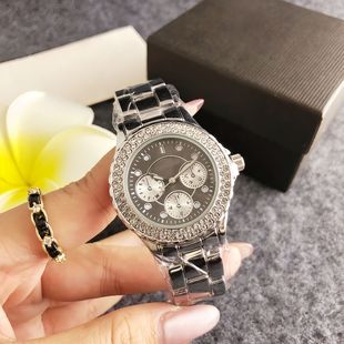Amazon Elegant Silver Full Diamond Watch Black Side Chronograph Decorative Design Women's Niche Style Timepiece Watch