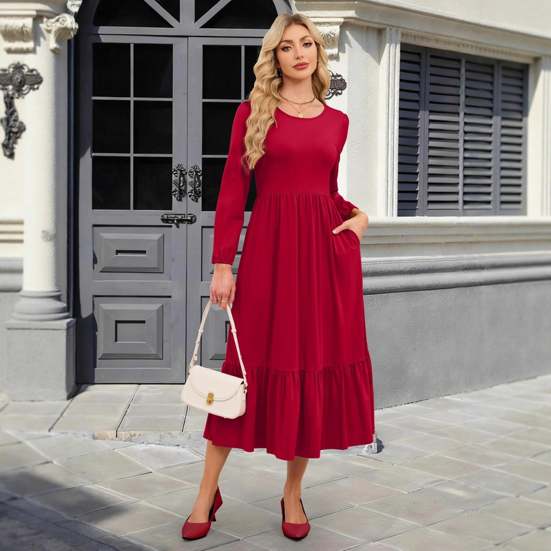 2025 New Autum Long-Sleeved Pure Color Dress for Pregnant Women, Casual Dress, Round Neck, Elegant Mid-Length Dress for Pregnant Women