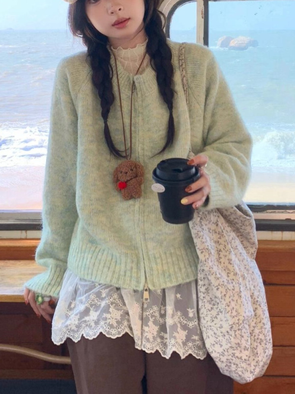 绿色毛衣外套女款2025新款春秋韩系独特超好看慵懒风宽松针织开衫|undefined