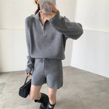 半拉链翻领毛衣套装女2026秋冬新款韩版宽松休闲针织短裤两件套潮