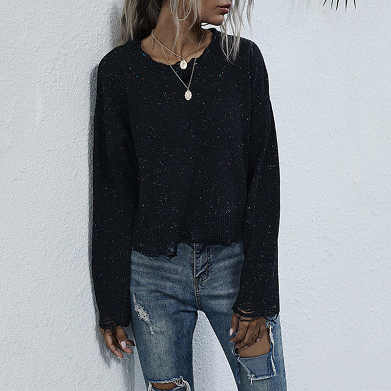 Einfarbiger, zerrissener, langärmeliger, schwarzer Kurzpullover_voghion.com