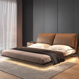 Italian Normcore Leather Suspended Bed Ash Wood Floating Induction Double Master Bedroom High-End Elephant Leather Suspended Bed