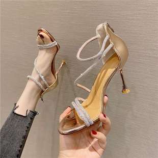 French Small Sandals for Women 2025 New Summer Stiletto Heels with Skirts, Rhinestone Straps, Elegant High Heels, Fairy Style