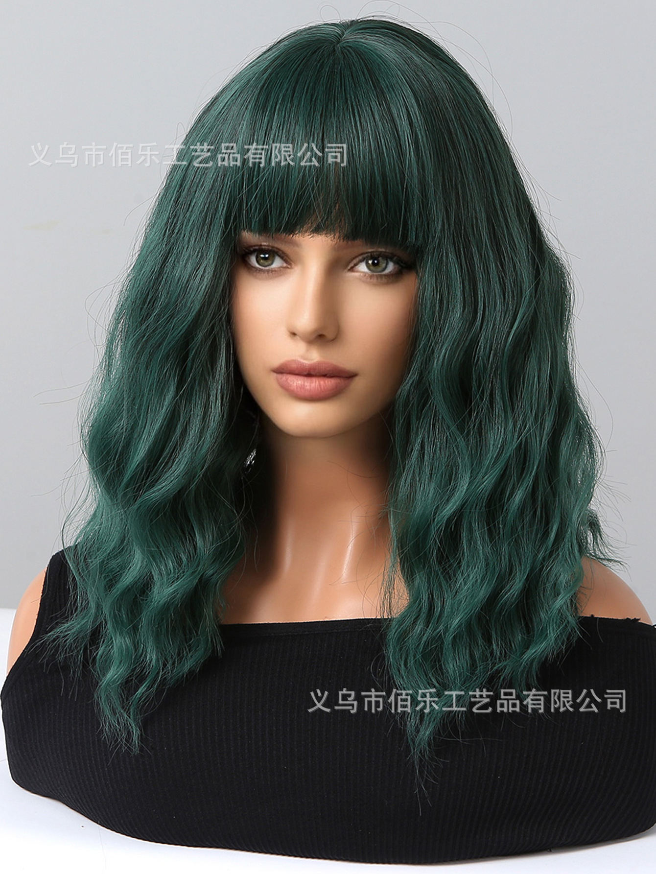 新款全套假发墨绿色齐刘海中长款卷发cosplay跨境批发wigs-阿里巴巴