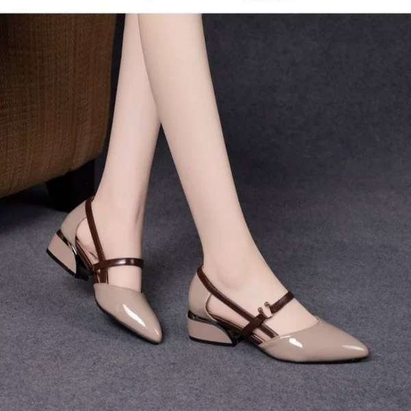 Elegant All-match Hollow Buckle Single-layer Shoes Soft Leather Toe Sandals Women's Summer Mid-heel Korean-style Pointed High-heel Leather Shoes