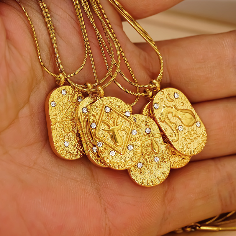 欧美百搭小众复古星座项坠项链跨境饰品不锈钢铸造椭圆牌锆石吊坠