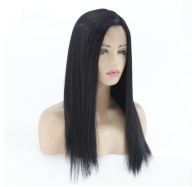 Fibra química europea y americana frente encaje medio negro largo recto peluca de comercio exterior LW0078