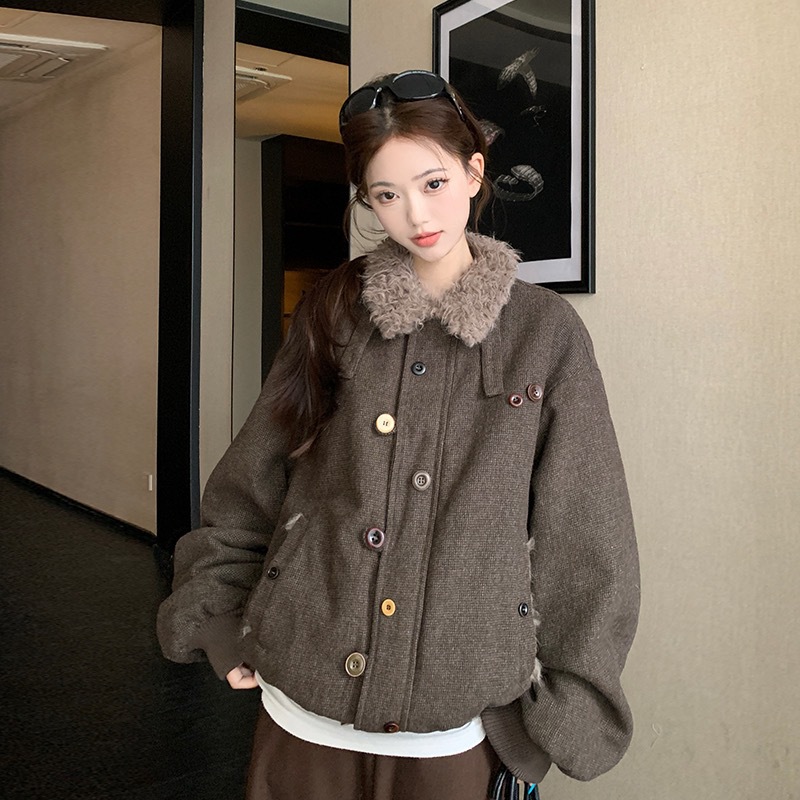 新款仿羊糕毛翻领厚外套女生冬季保暖棉衣美式复古棉服休闲上衣潮